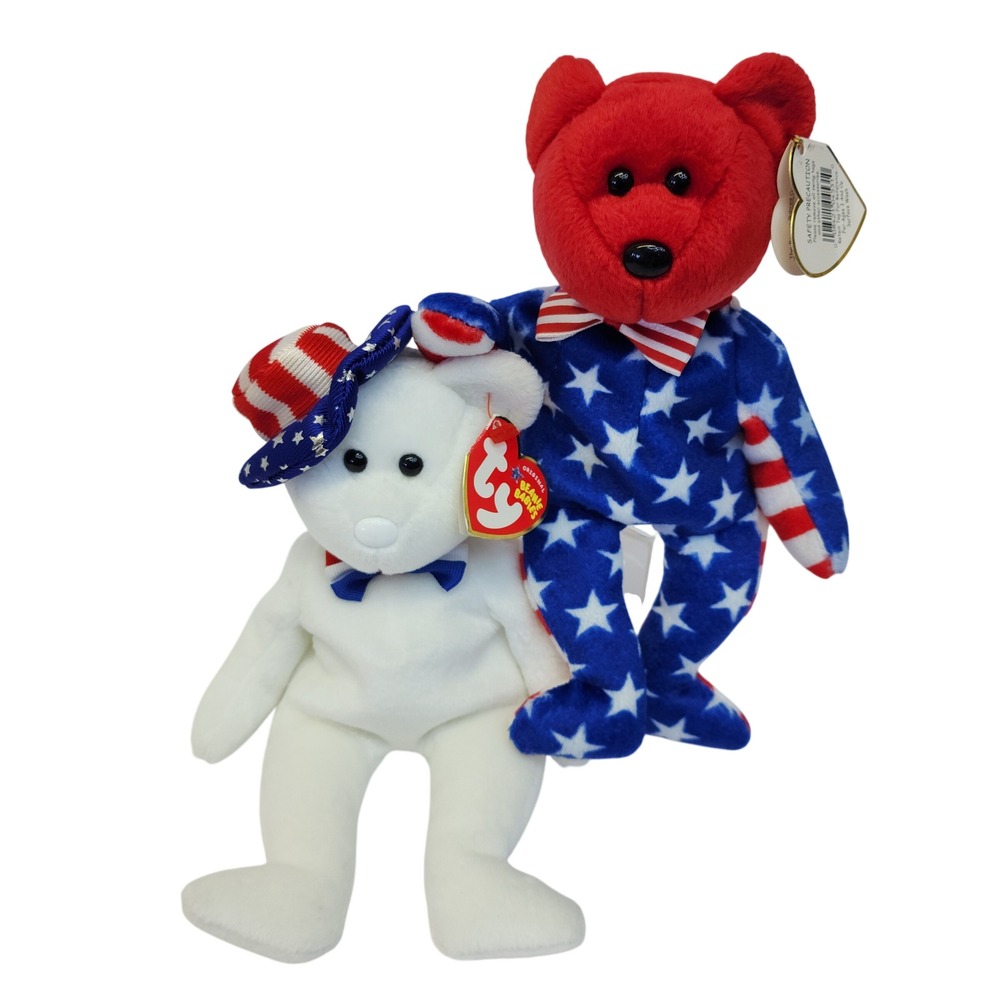 Ty Beanie‎ Babies Liberty and Benjamin Patriotic Bear Set Red White Blue Stars